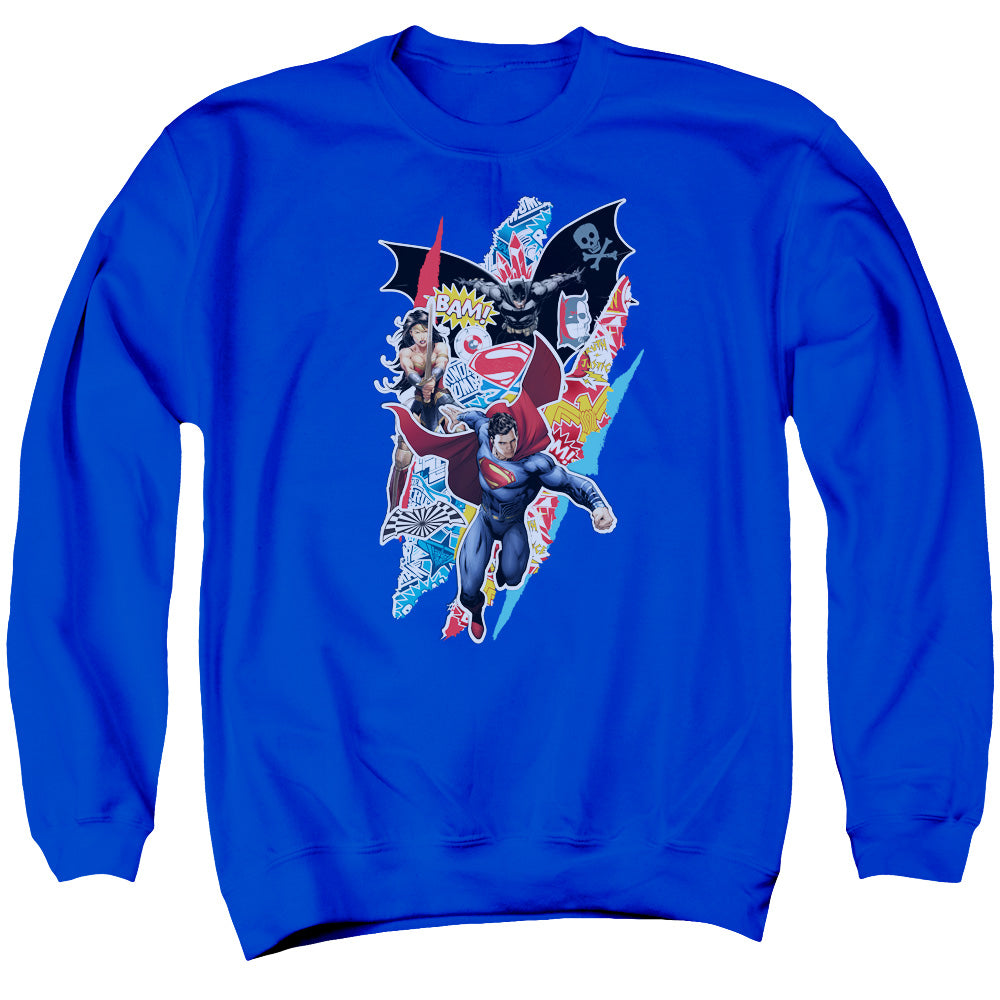 AN OFFCIALLY LICENSED BATMAN V SUPERMAN RIPPED TRIO ADULT UNISEX CREWNECK SWEATSHIRT ROYAL