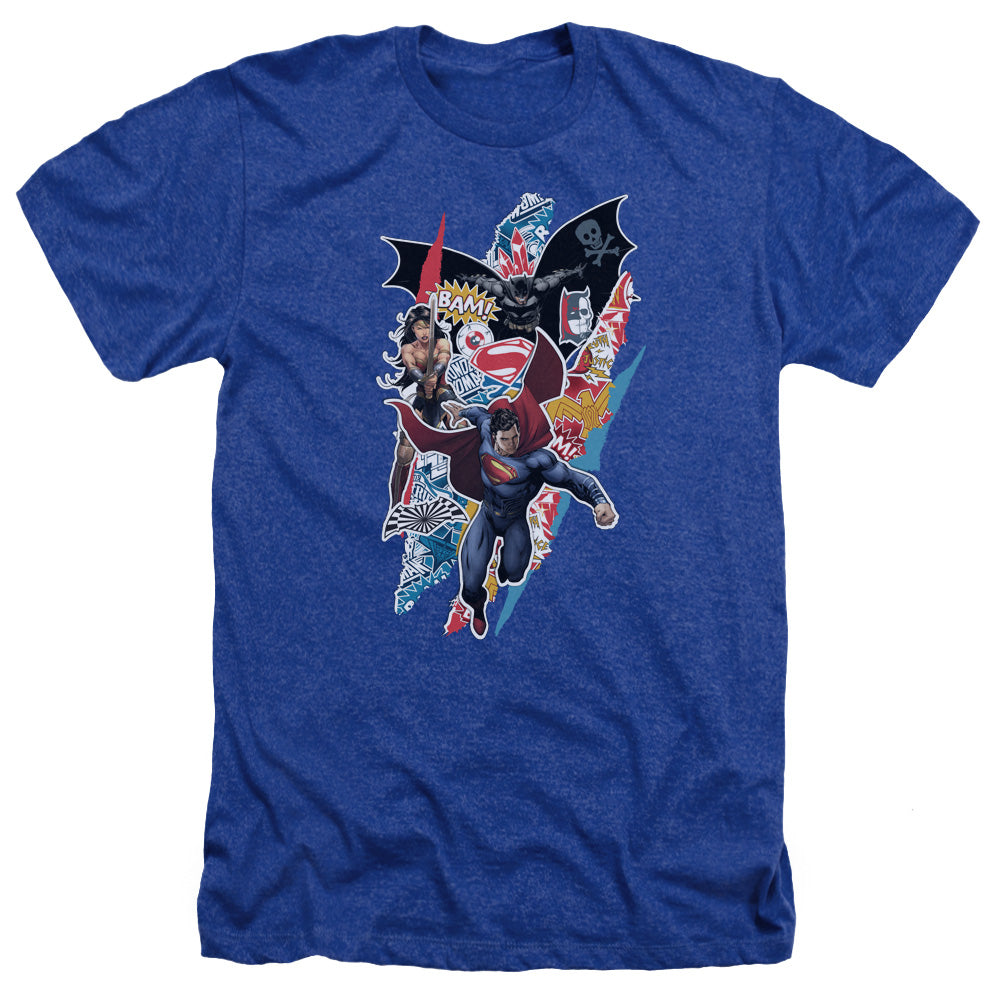 AN OFFCIALLY LICENSED BATMAN V SUPERMAN RIPPED TRIO MEN'S HEATHER T-SHIRT ROYAL