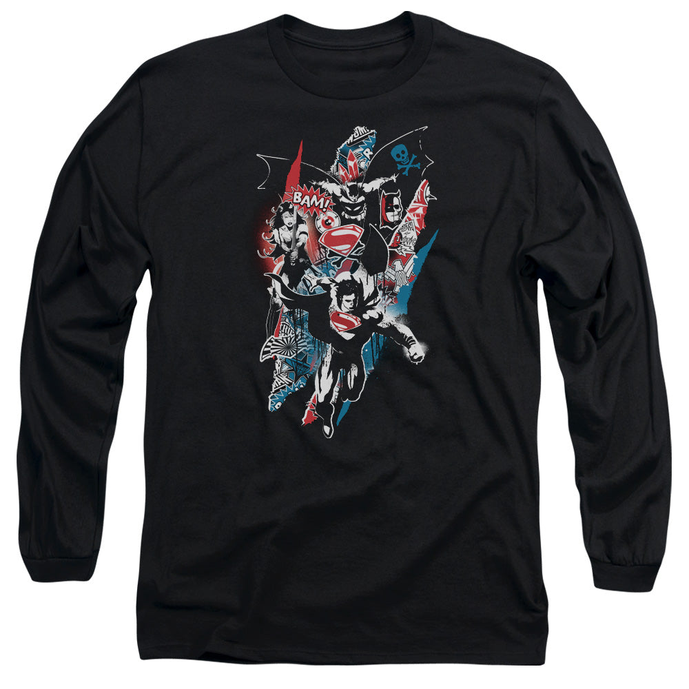 AN OFFCIALLY LICENSED BATMAN V SUPERMAN RIPPED TRIO 2 MEN'S LONG SLEEVE T-SHIRT BLACK
