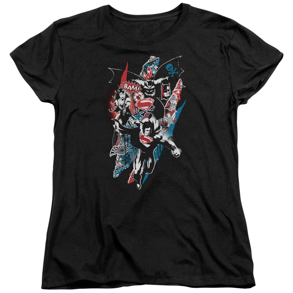 AN OFFCIALLY LICENSED BATMAN V SUPERMAN RIPPED TRIO 2 WOMEN'S REGULAR FIT T-SHIRT BLACK