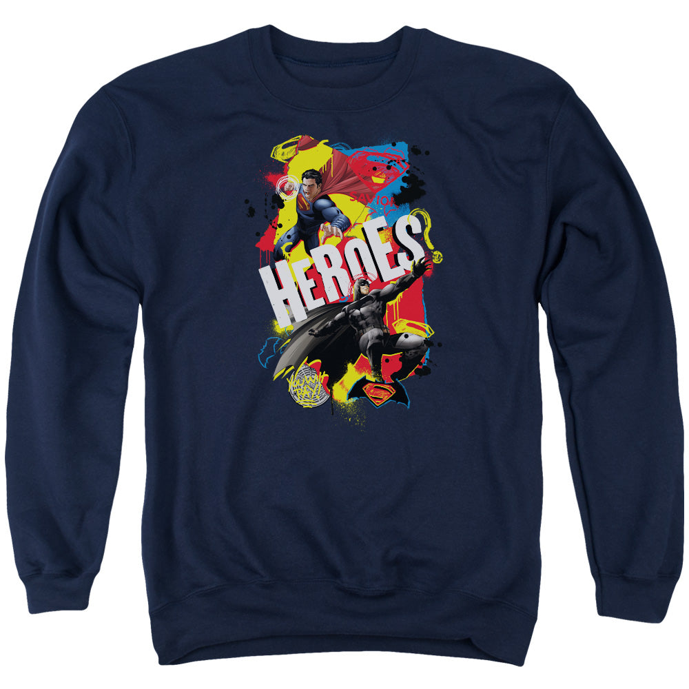 AN OFFCIALLY LICENSED BATMAN V SUPERMAN DOUBLE HERO ADULT UNISEX CREWNECK SWEATSHIRT NAVY