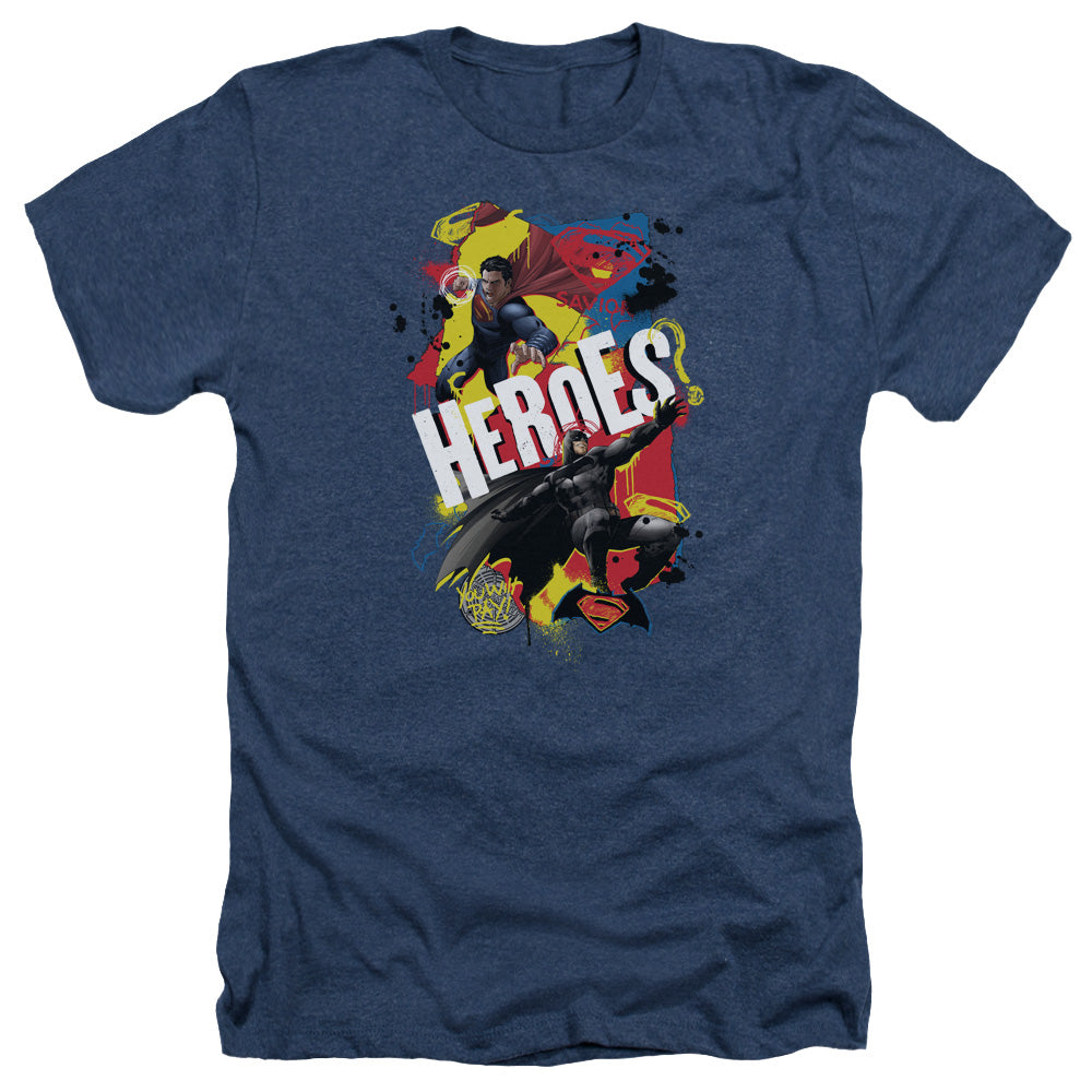 AN OFFCIALLY LICENSED BATMAN V SUPERMAN DOUBLE HERO MEN'S HEATHER T-SHIRT NAVY