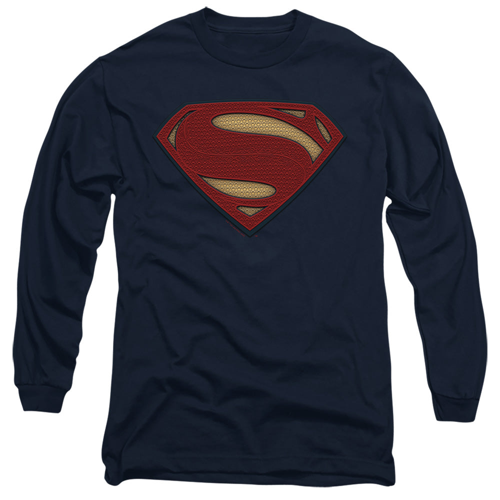AN OFFCIALLY LICENSED BATMAN V SUPERMAN SUPERMAN COSTUME SHIELD MEN'S LONG SLEEVE T-SHIRT NAVY