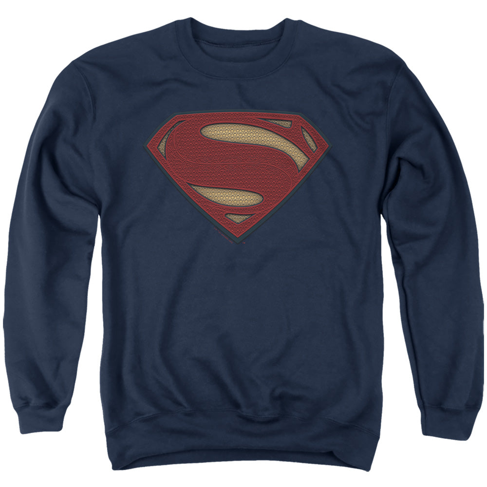 AN OFFCIALLY LICENSED BATMAN V SUPERMAN SUPERMAN COSTUME SHIELD ADULT UNISEX CREWNECK SWEATSHIRT NAVY