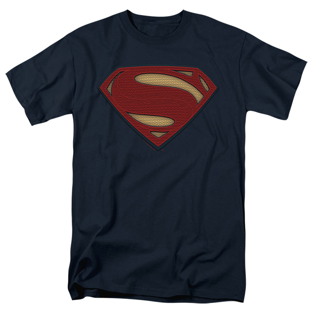 AN OFFCIALLY LICENSED BATMAN V SUPERMAN SUPERMAN COSTUME SHIELD MEN'S REGULAR FIT T-SHIRT NAVY