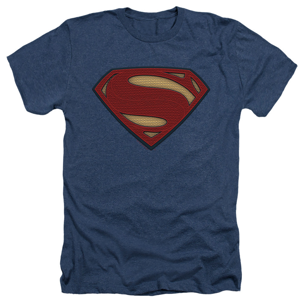 AN OFFCIALLY LICENSED BATMAN V SUPERMAN SUPERMAN COSTUME SHIELD MEN'S HEATHER T-SHIRT NAVY