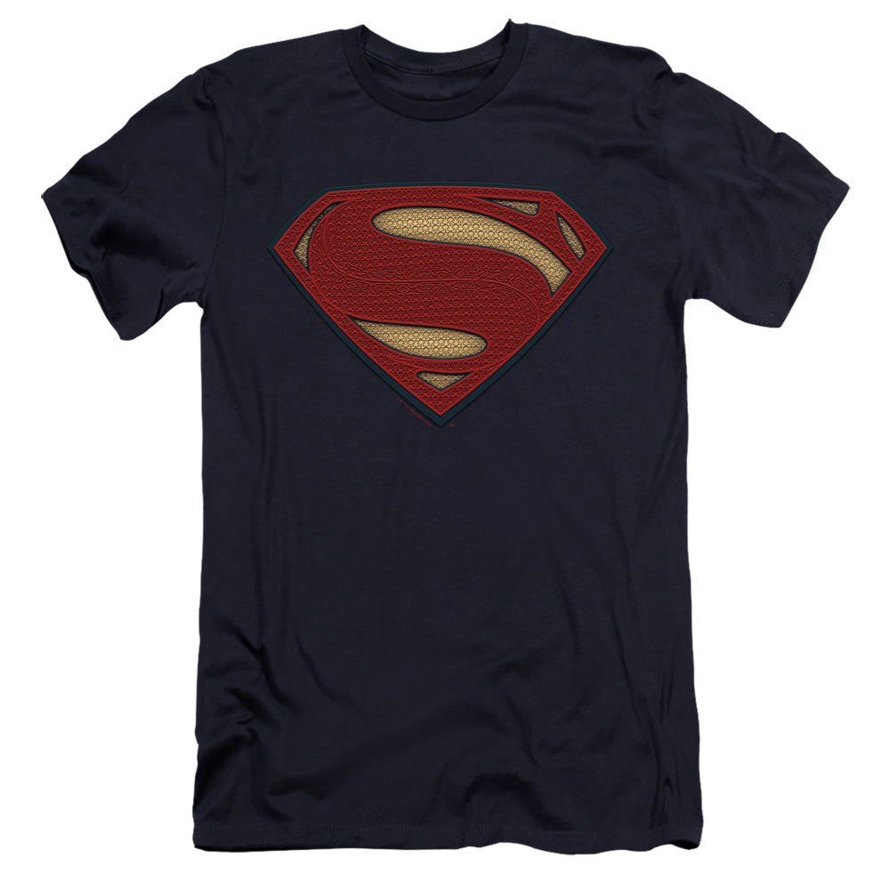 AN OFFCIALLY LICENSED BATMAN V SUPERMAN SUPERMAN COSTUME SHIELD MEN'S PREMIUM SLIM FIT T-SHIRT NAVY