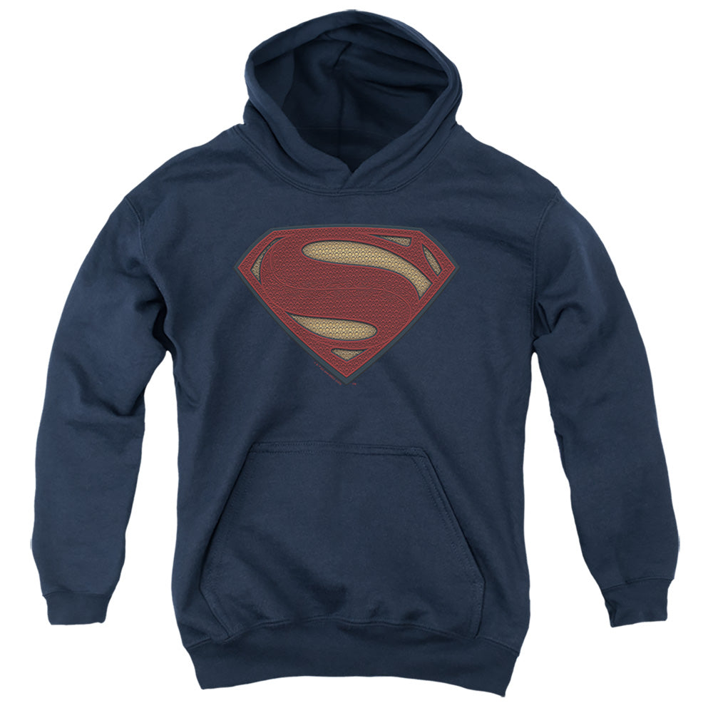 AN OFFCIALLY LICENSED BATMAN V SUPERMAN SUPERMAN COSTUME SHIELD YOUTH HOODIE NAVY
