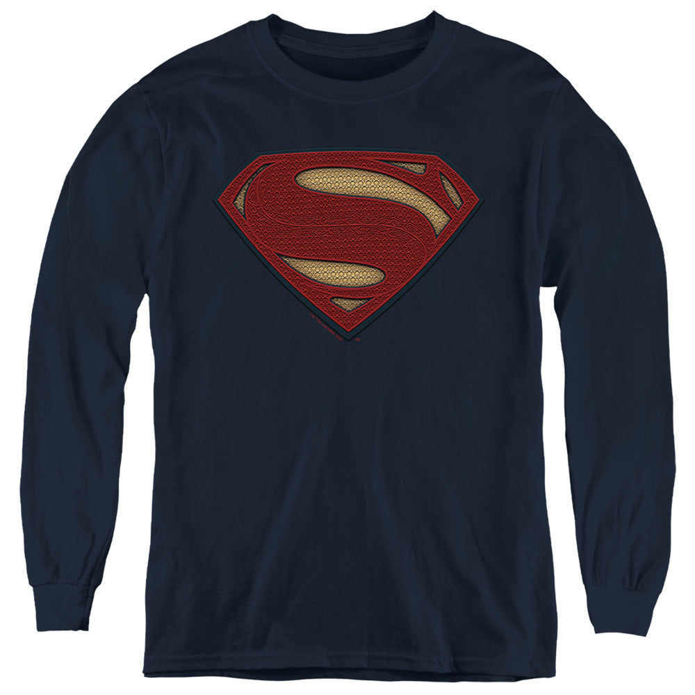 AN OFFCIALLY LICENSED BATMAN V SUPERMAN SUPERMAN COSTUME SHIELD YOUTH LONG SLEEVE T-SHIRT NAVY