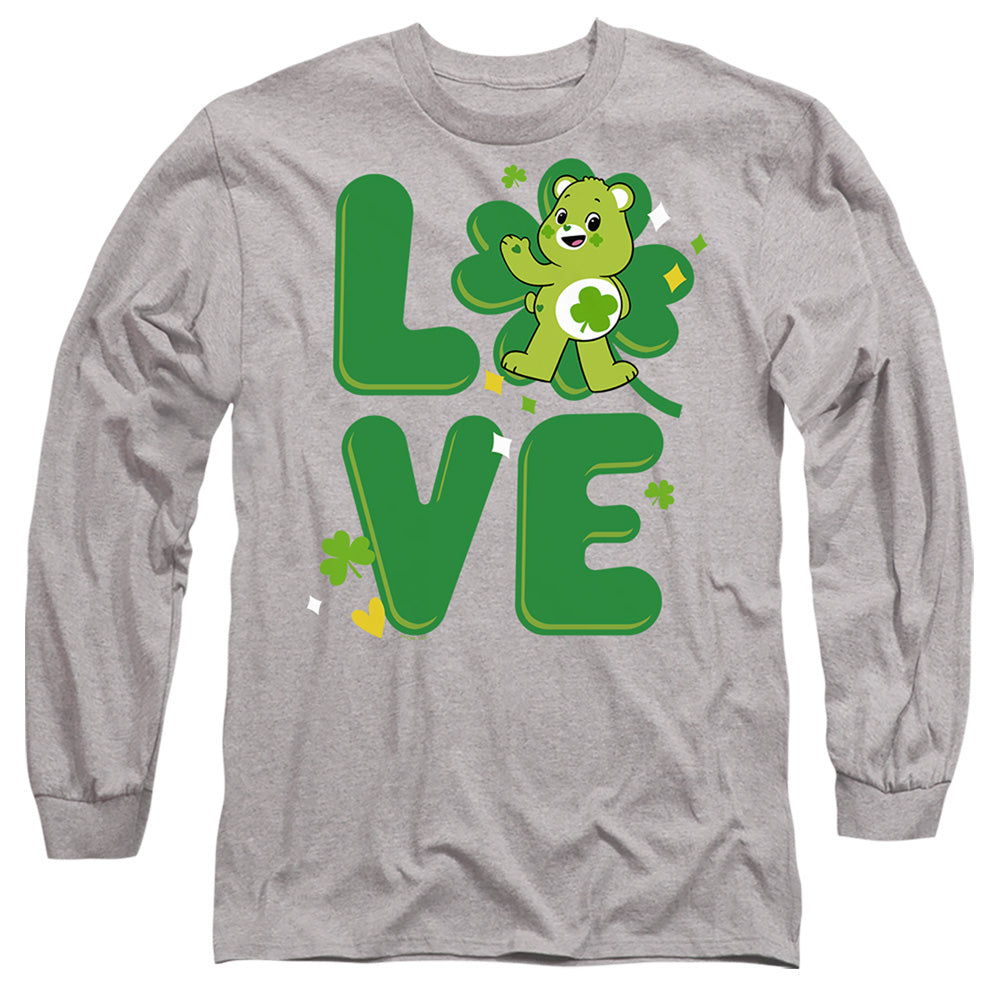 AN OFFCIALLY LICENSED CARE BEARS: UNLOCK THE MAGIC GOOD LUCK BEAR LOVE ST. PATRICK'S DAY MEN'S LONG SLEEVE T-SHIRT ATHLETIC HEATHER