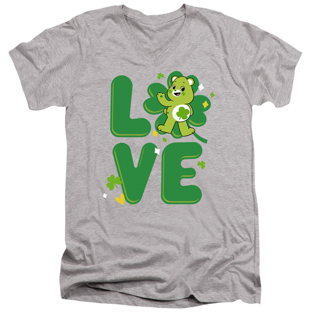AN OFFCIALLY LICENSED CARE BEARS: UNLOCK THE MAGIC GOOD LUCK BEAR LOVE ST. PATRICK'S DAY MEN'S V-NECK T-SHIRT ATHLETIC HEATHER