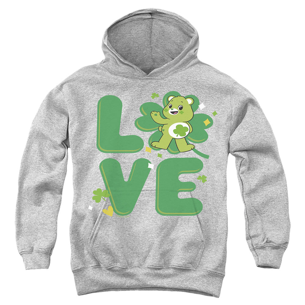 AN OFFCIALLY LICENSED CARE BEARS: UNLOCK THE MAGIC GOOD LUCK BEAR LOVE ST. PATRICK'S DAY YOUTH HOODIE ATHLETIC HEATHER
