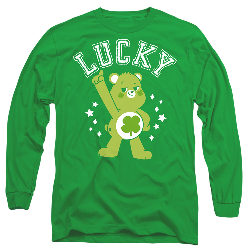AN OFFCIALLY LICENSED CARE BEARS: UNLOCK THE MAGIC GOOD LUCK BEAR LUCKY COLLEGIATE ST. PATRICK'S DAY MEN'S LONG SLEEVE T-SHIRT KELLY GREEN