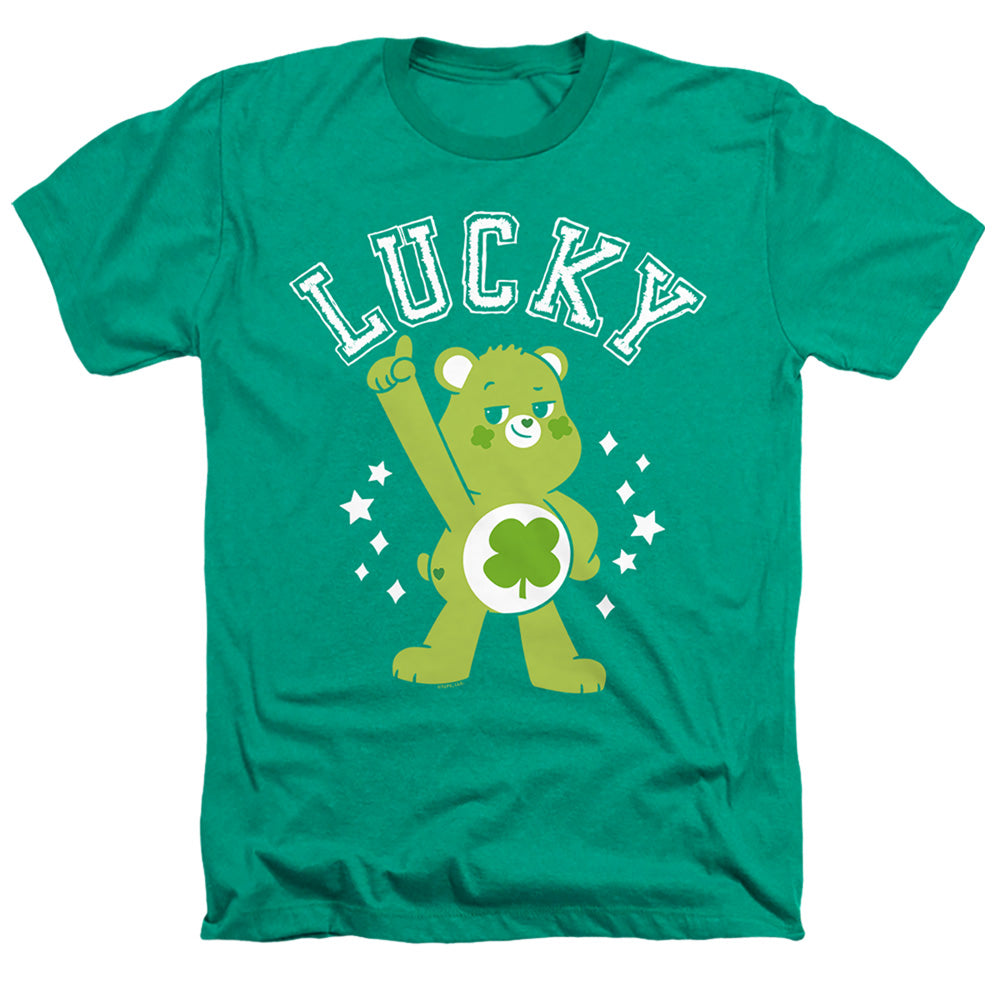 AN OFFCIALLY LICENSED CARE BEARS: UNLOCK THE MAGIC GOOD LUCK BEAR LUCKY COLLEGIATE ST. PATRICK'S DAY MEN'S HEATHER T-SHIRT KELLY GREEN