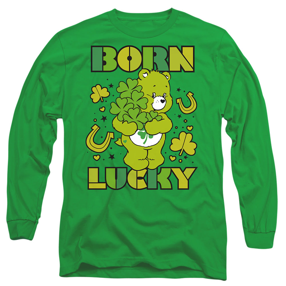 AN OFFCIALLY LICENSED CARE BEARS BORN LUCKY GOOD LUCK BEAR ST. PATRICK'S DAY MEN'S LONG SLEEVE T-SHIRT KELLY GREEN