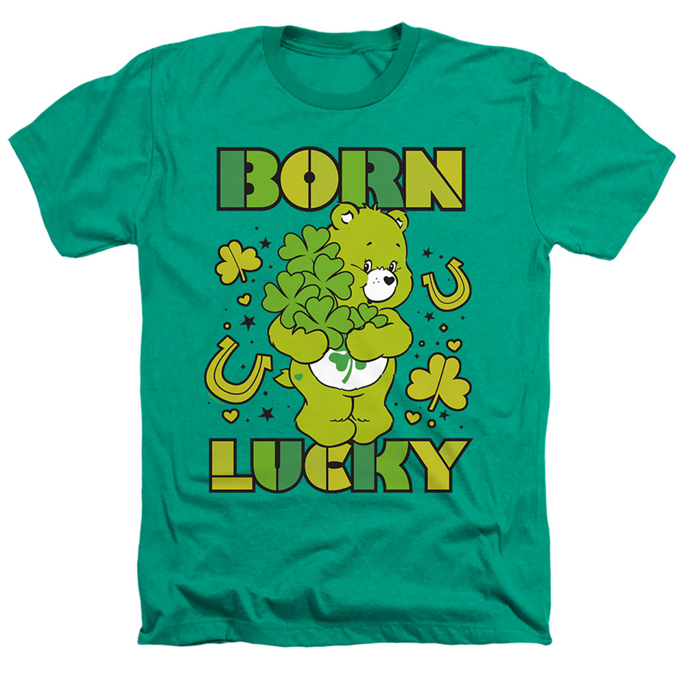 AN OFFCIALLY LICENSED CARE BEARS BORN LUCKY GOOD LUCK BEAR ST. PATRICK'S DAY MEN'S HEATHER T-SHIRT KELLY GREEN