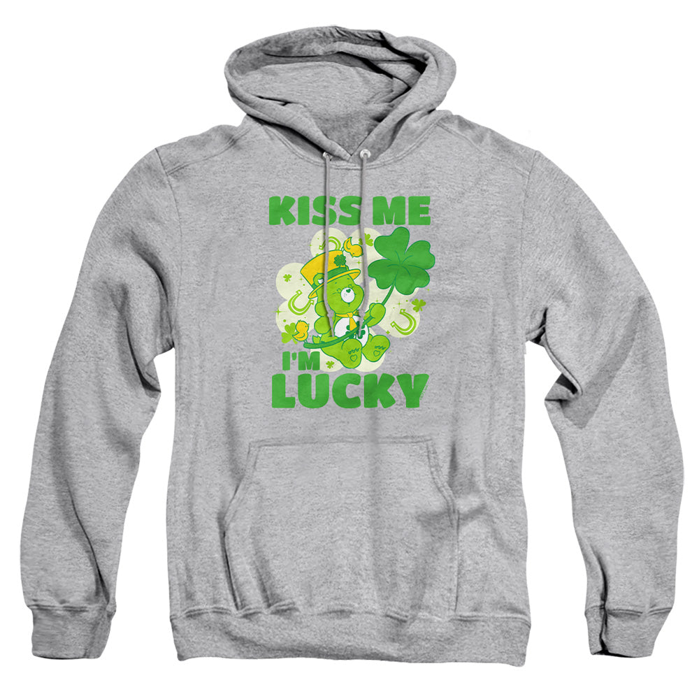 AN OFFCIALLY LICENSED CARE BEARS KISS ME I'M LUCKY ST. PATRICK'S DAY GOOD LUCK BEAR ADULT UNISEX PULLOVER HOODIE ATHLETIC HEATHER