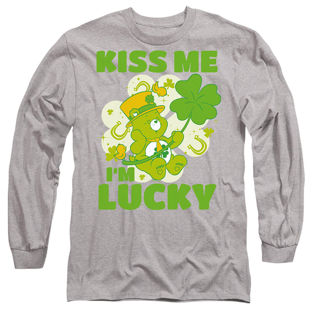 AN OFFCIALLY LICENSED CARE BEARS KISS ME I'M LUCKY ST. PATRICK'S DAY GOOD LUCK BEAR MEN'S LONG SLEEVE T-SHIRT ATHLETIC HEATHER