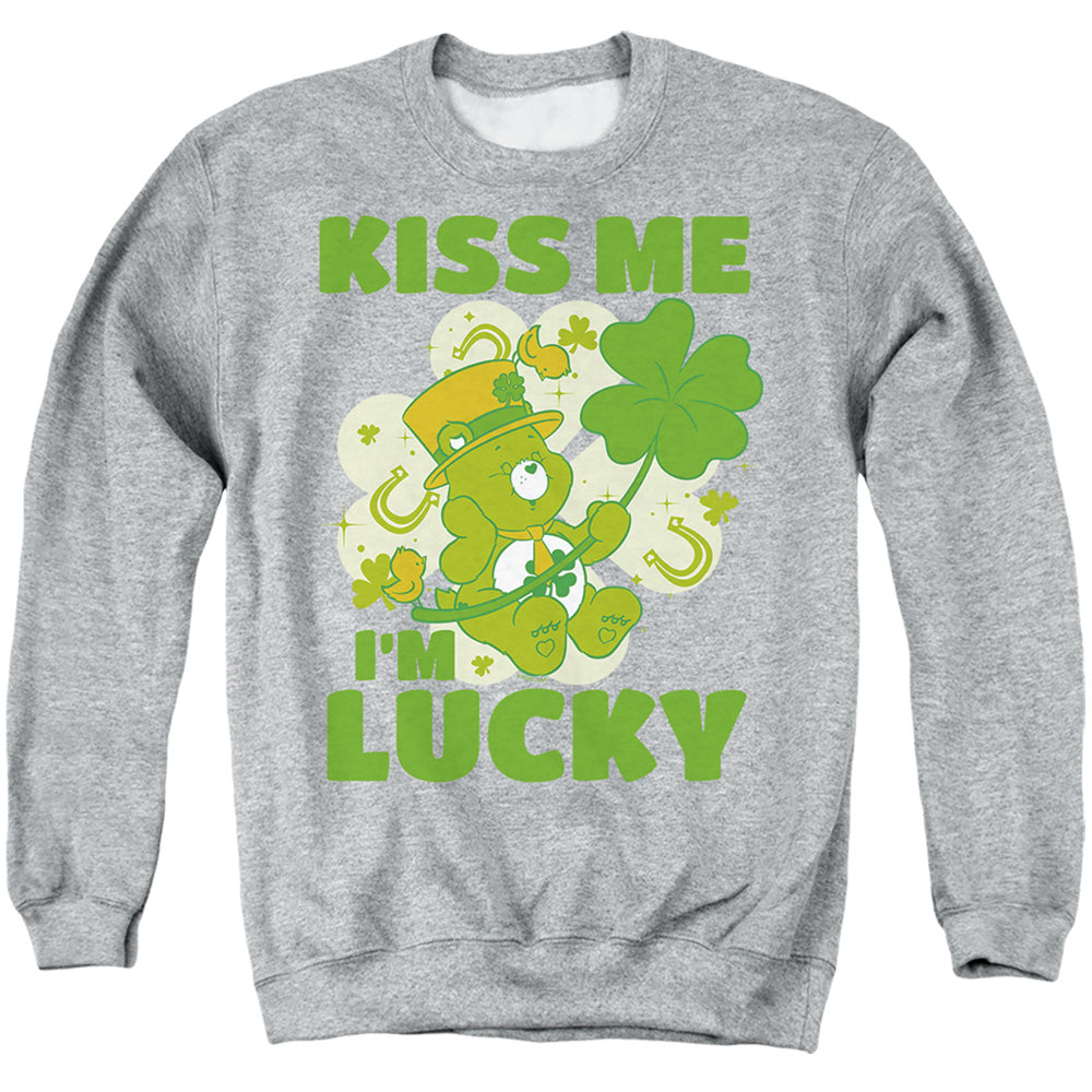 AN OFFCIALLY LICENSED CARE BEARS KISS ME I'M LUCKY ST. PATRICK'S DAY GOOD LUCK BEAR ADULT UNISEX CREWNECK SWEATSHIRT ATHLETIC HEATHER