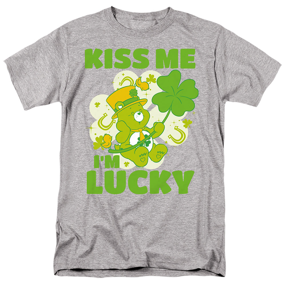 AN OFFCIALLY LICENSED CARE BEARS KISS ME I'M LUCKY ST. PATRICK'S DAY GOOD LUCK BEAR MEN'S REGULAR FIT T-SHIRT ATHLETIC HEATHER