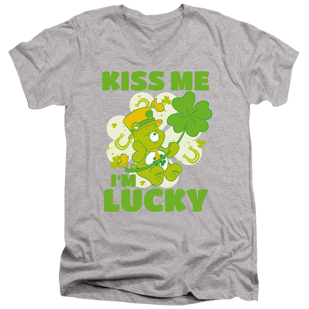 AN OFFCIALLY LICENSED CARE BEARS KISS ME I'M LUCKY ST. PATRICK'S DAY GOOD LUCK BEAR MEN'S V-NECK T-SHIRT ATHLETIC HEATHER