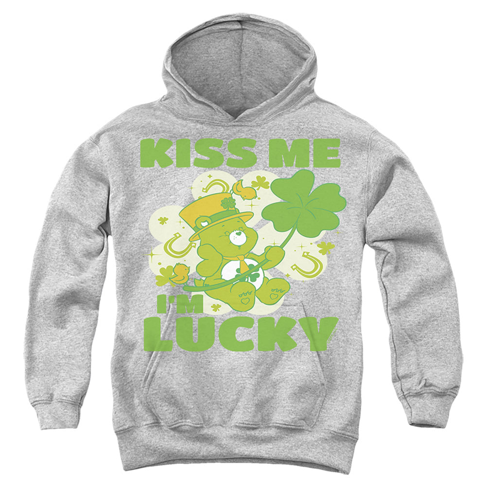 AN OFFCIALLY LICENSED CARE BEARS KISS ME I'M LUCKY ST. PATRICK'S DAY GOOD LUCK BEAR YOUTH HOODIE ATHLETIC HEATHER