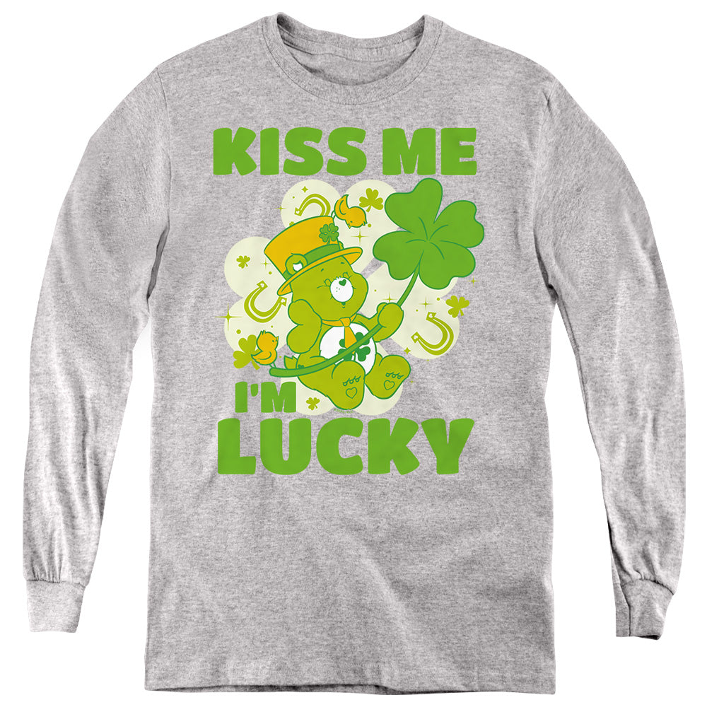 AN OFFCIALLY LICENSED CARE BEARS KISS ME I'M LUCKY ST. PATRICK'S DAY GOOD LUCK BEAR YOUTH LONG SLEEVE T-SHIRT ATHLETIC HEATHER