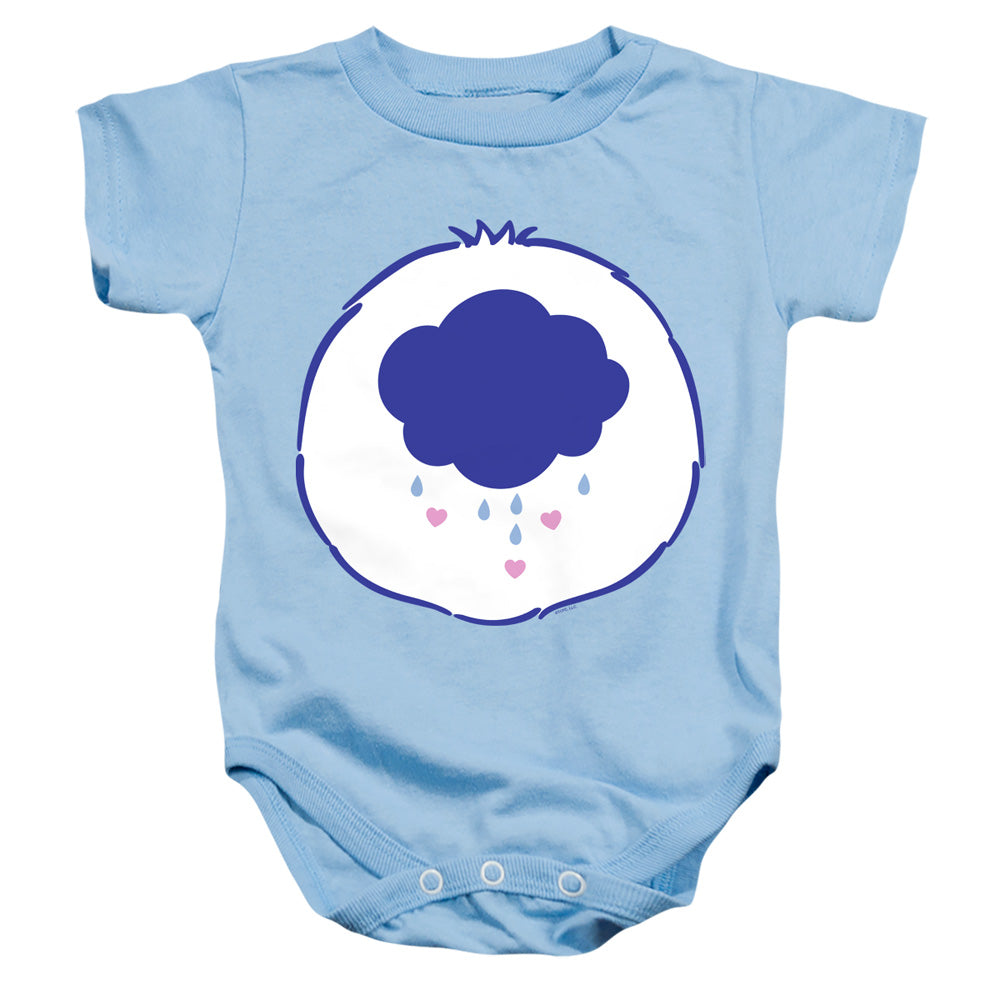 AN OFFCIALLY LICENSED CARE BEARS GRUMPY BELLY BABY BODYSUIT LIGHT BLUE