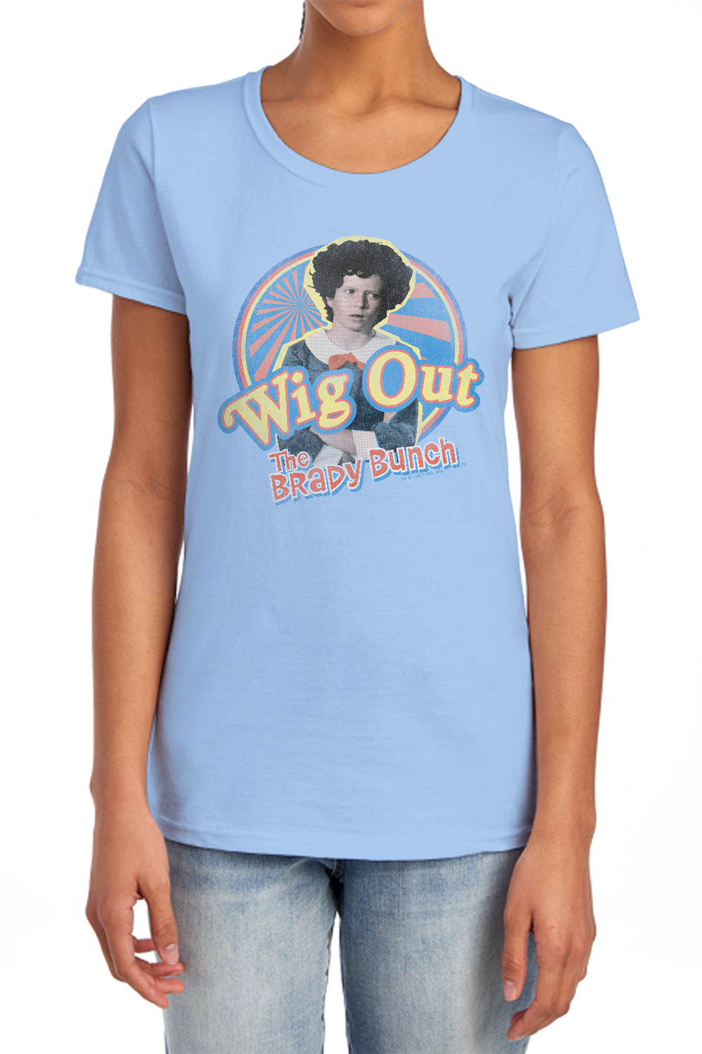 AN OFFCIALLY LICENSED BRADY BUNCH WIG OUT WOMEN'S REGULAR FIT T-SHIRT LIGHT BLUE