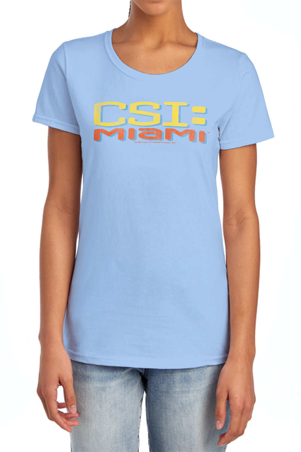 AN OFFCIALLY LICENSED CSI MIAMI LOGO DISTRESSED WOMEN'S REGULAR FIT T-SHIRT LIGHT BLUE
