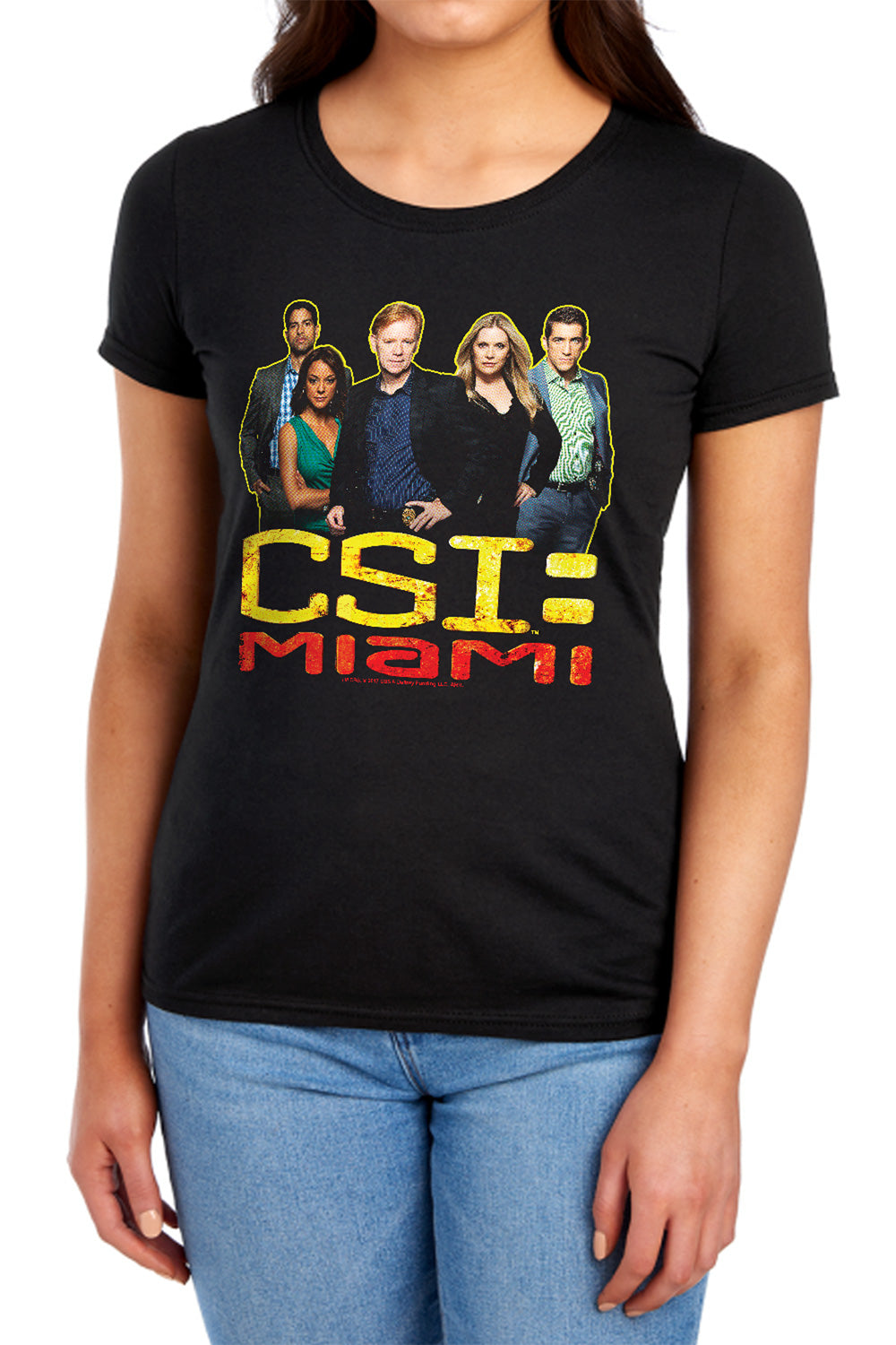 AN OFFCIALLY LICENSED CSI MIAMI THE CAST IN BLACK WOMEN'S REGULAR FIT T-SHIRT BLACK