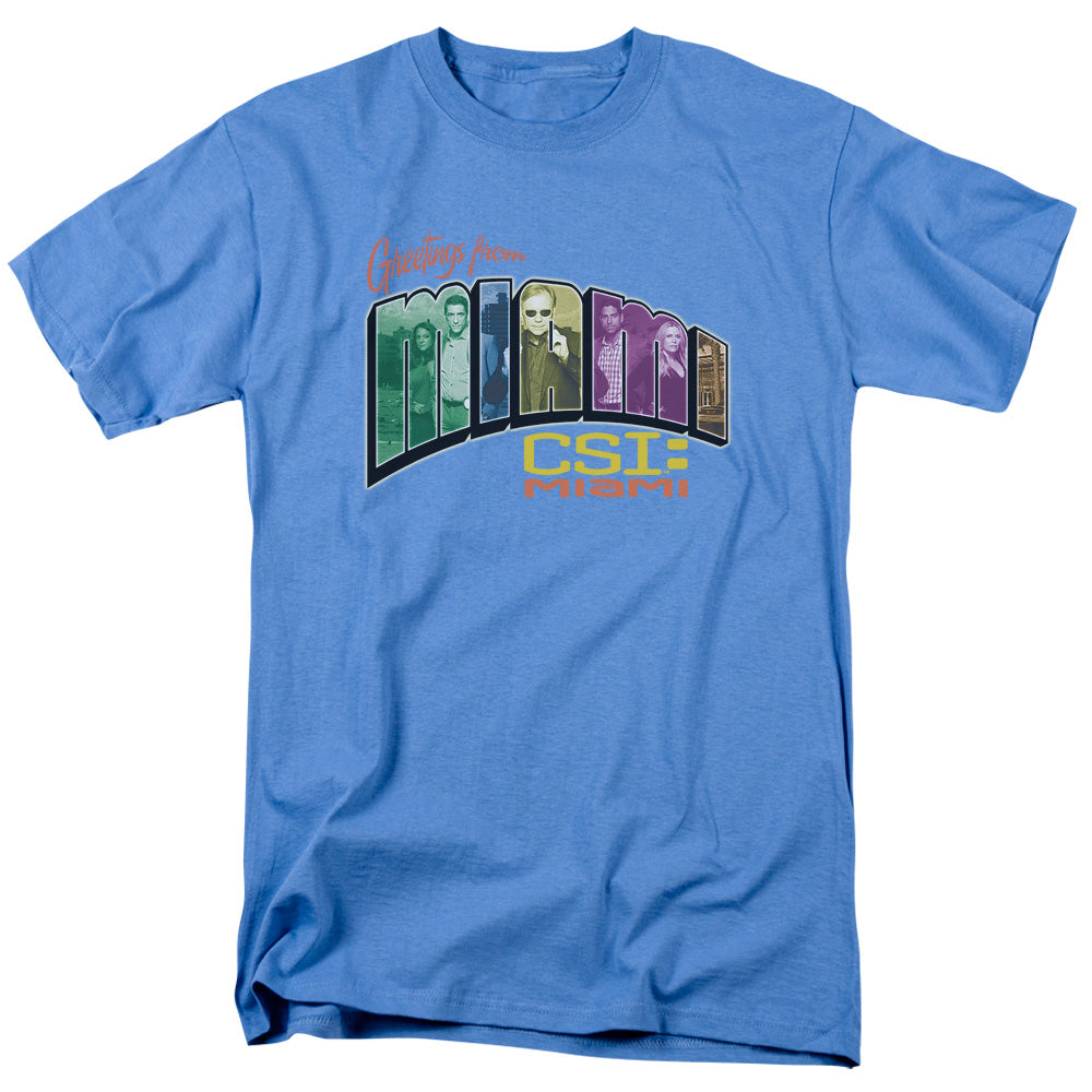 AN OFFCIALLY LICENSED CSI MIAMI GREETING FROM MIAMI MEN'S REGULAR FIT T-SHIRT CAROLINA BLUE