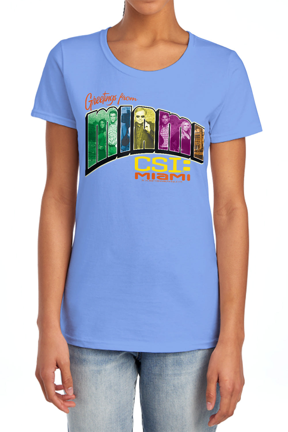 AN OFFCIALLY LICENSED CSI MIAMI GREETING FROM MIAMI WOMEN'S REGULAR FIT T-SHIRT CAROLINA BLUE