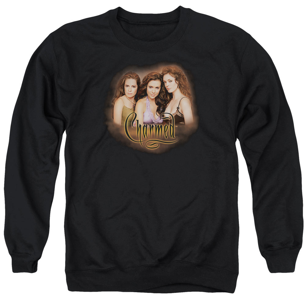 AN OFFCIALLY LICENSED CHARMED SMOKIN ADULT UNISEX CREWNECK SWEATSHIRT BLACK