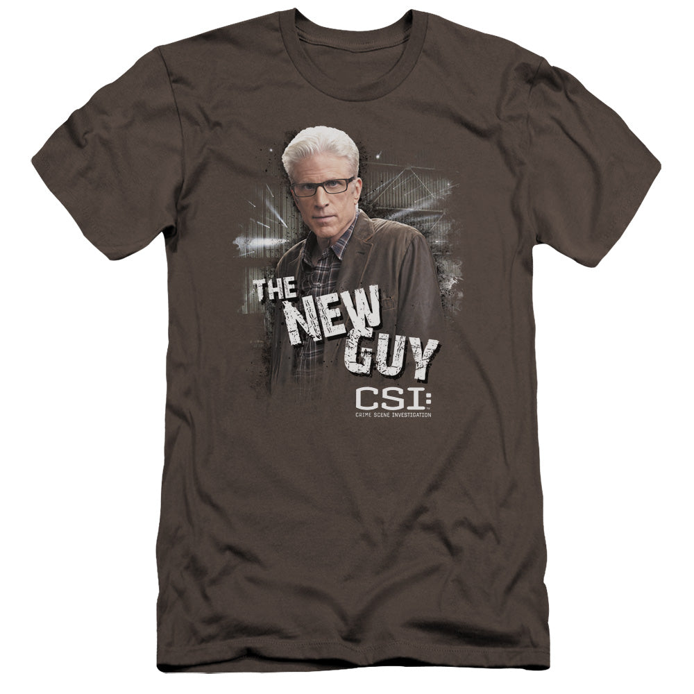 AN OFFCIALLY LICENSED CSI THE NEW GUY MEN'S PREMIUM SLIM FIT T-SHIRT CHARCOAL