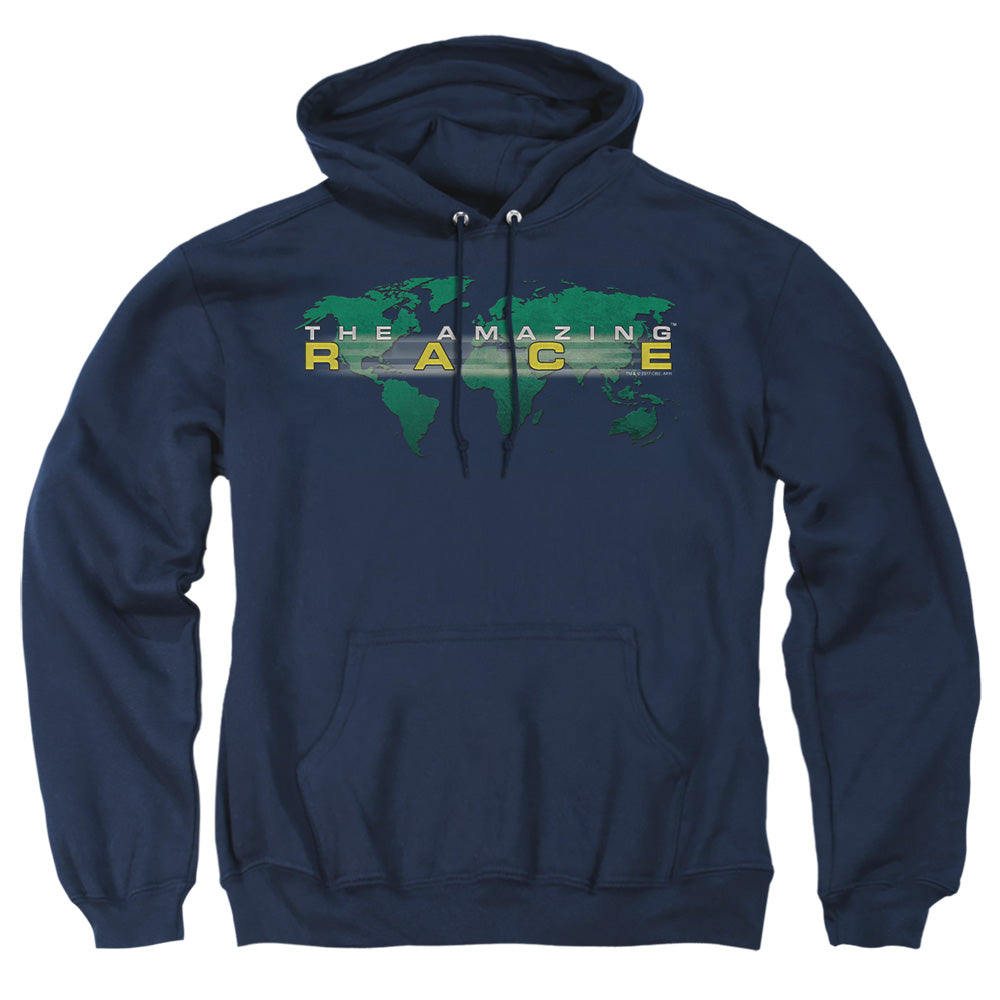 AN OFFCIALLY LICENSED AMAZING RACE AROUND THE WORLD ADULT UNISEX PULLOVER HOODIE NAVY