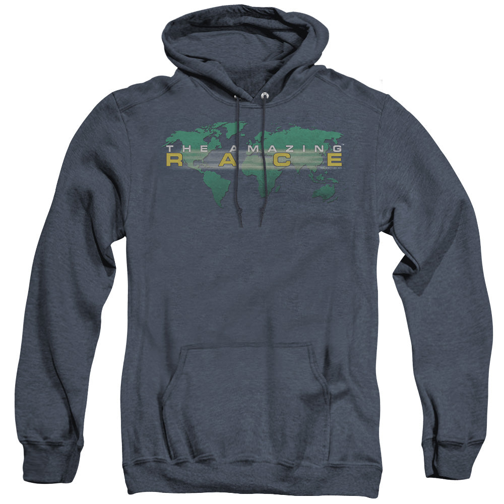 AN OFFCIALLY LICENSED AMAZING RACE AROUND THE WORLD ADULT UNISEX HEATHER PULLOVER HOODIE NAVY