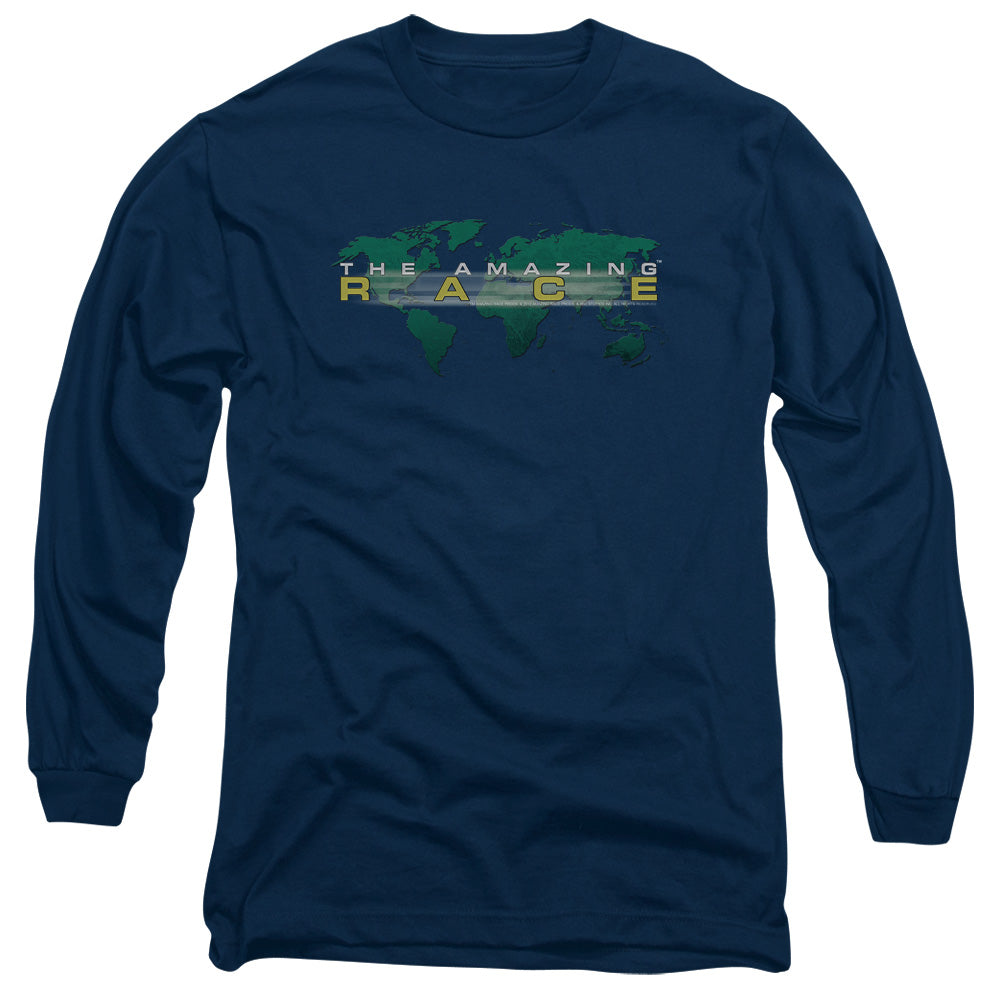 AN OFFCIALLY LICENSED AMAZING RACE AROUND THE WORLD MEN'S LONG SLEEVE T-SHIRT NAVY