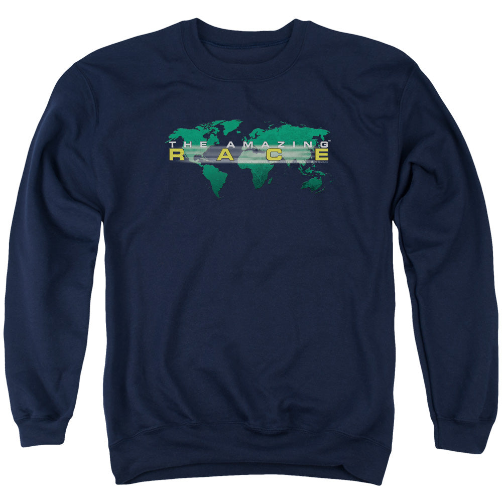 AN OFFCIALLY LICENSED AMAZING RACE AROUND THE WORLD ADULT UNISEX CREWNECK SWEATSHIRT NAVY