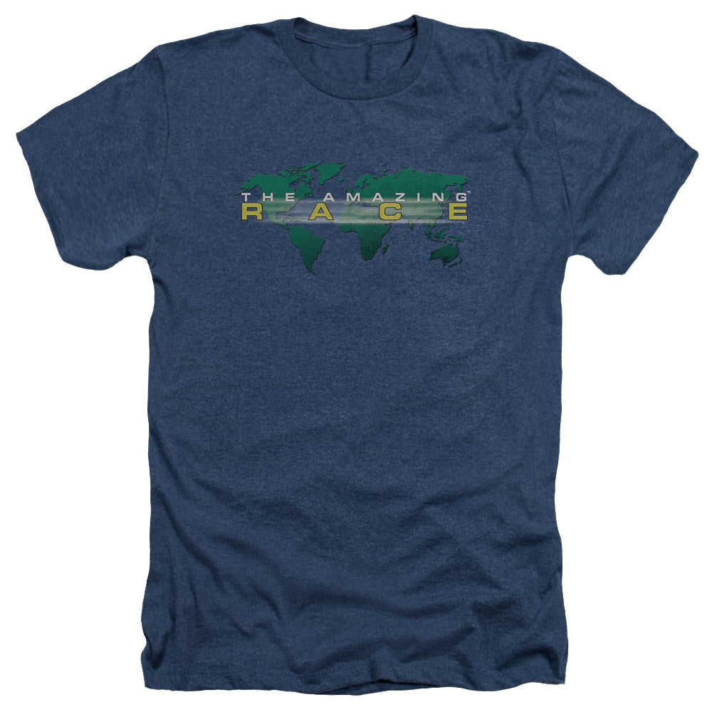 AN OFFCIALLY LICENSED AMAZING RACE AROUND THE WORLD MEN'S HEATHER T-SHIRT NAVY