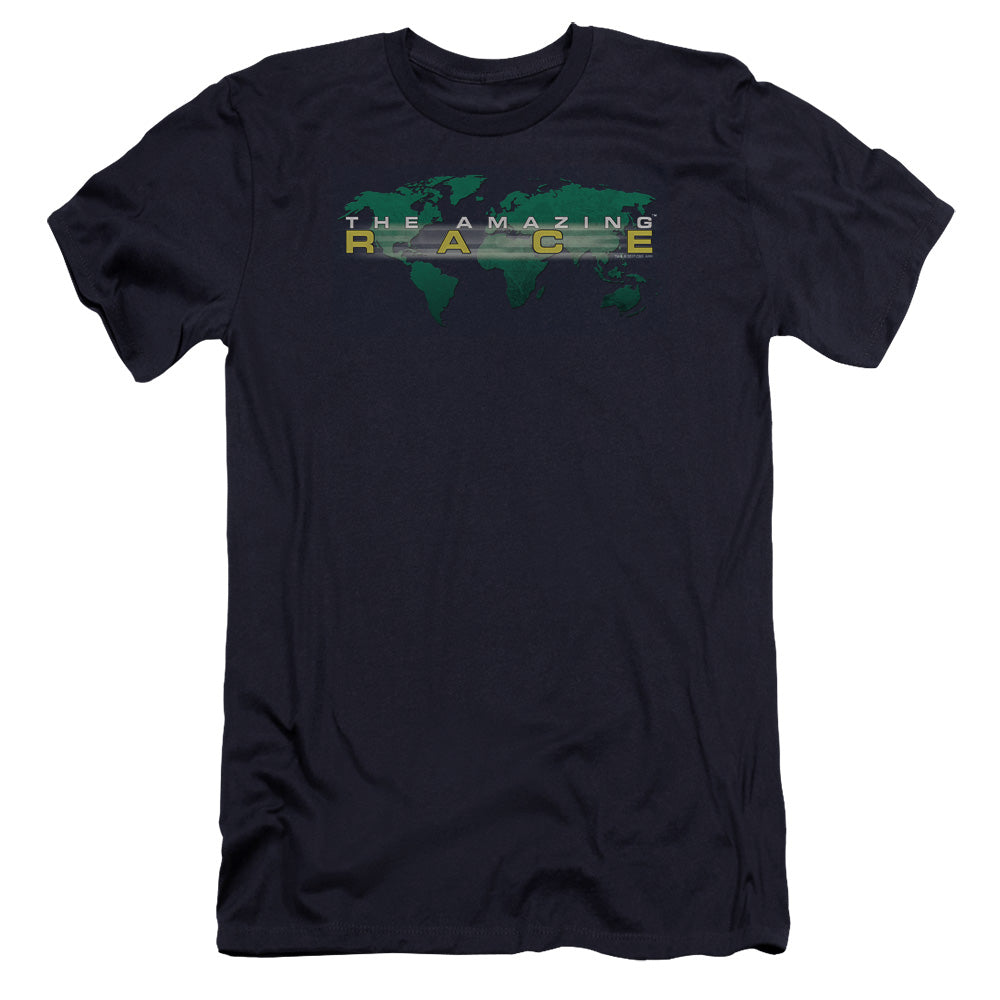 AN OFFCIALLY LICENSED AMAZING RACE AROUND THE WORLD MEN'S PREMIUM SLIM FIT T-SHIRT NAVY