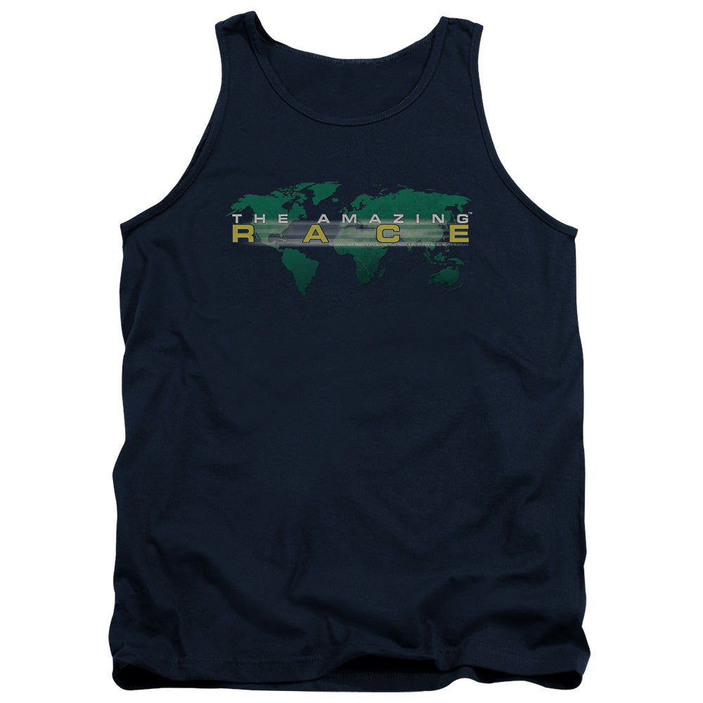 AN OFFCIALLY LICENSED AMAZING RACE AROUND THE WORLD ADULT UNISEX TANK TOP NAVY