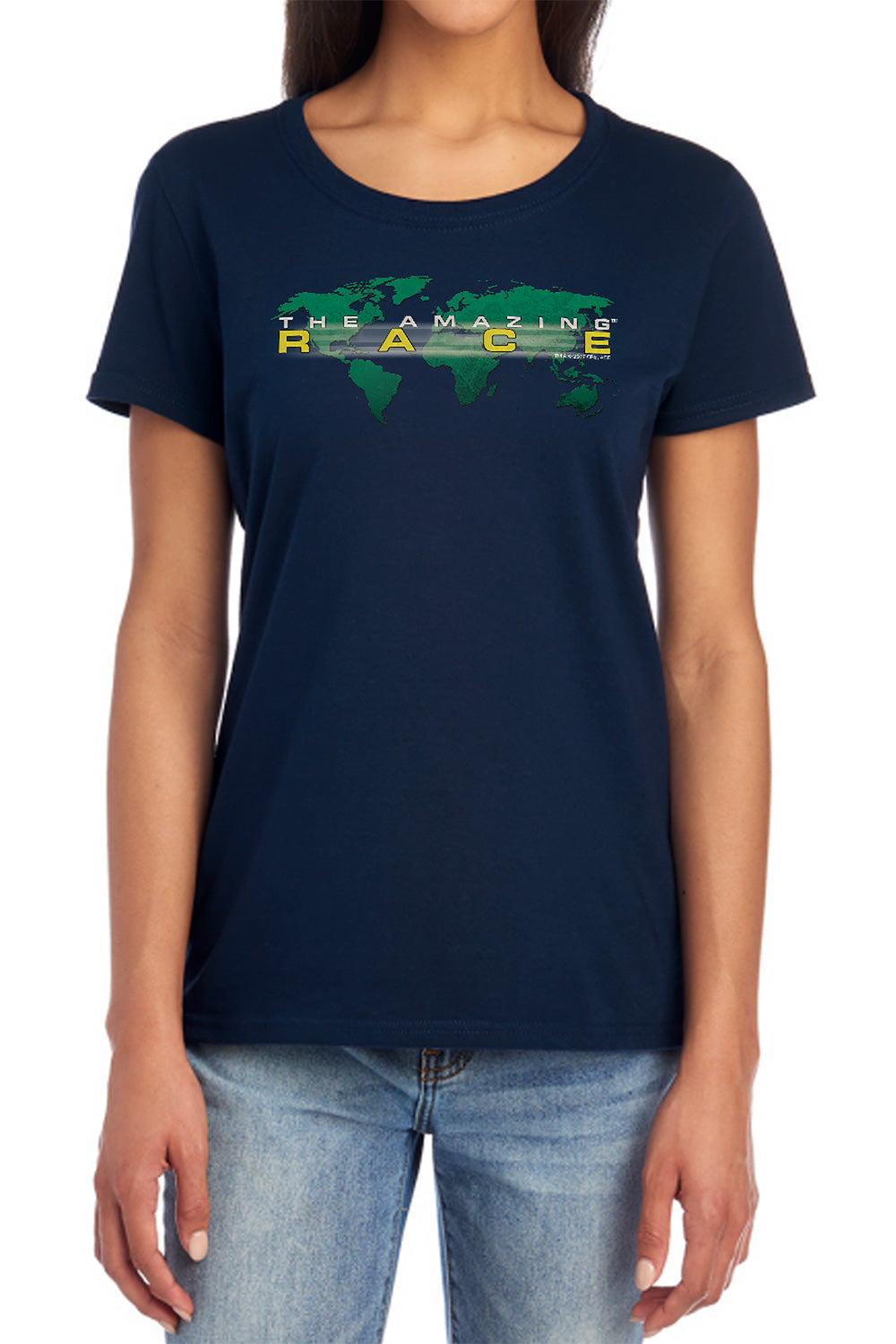 AN OFFCIALLY LICENSED AMAZING RACE AROUND THE WORLD WOMEN'S REGULAR FIT T-SHIRT NAVY