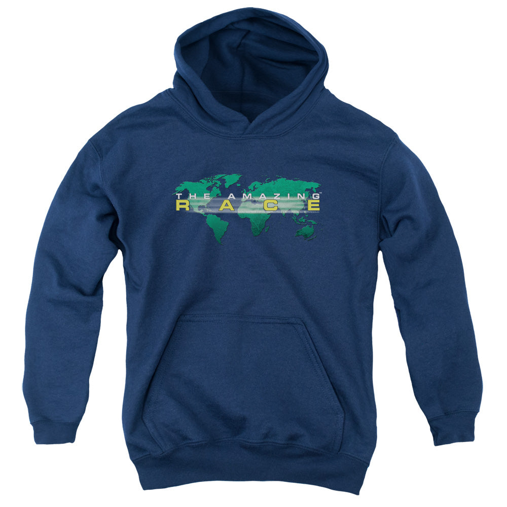 AN OFFCIALLY LICENSED AMAZING RACE AROUND THE WORLD YOUTH HOODIE NAVY