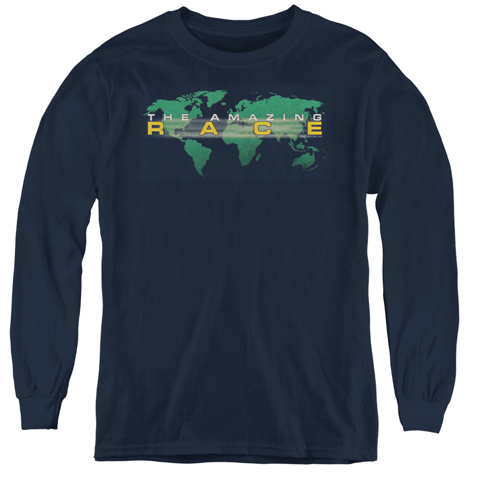 AN OFFCIALLY LICENSED AMAZING RACE AROUND THE WORLD YOUTH LONG SLEEVE T-SHIRT NAVY