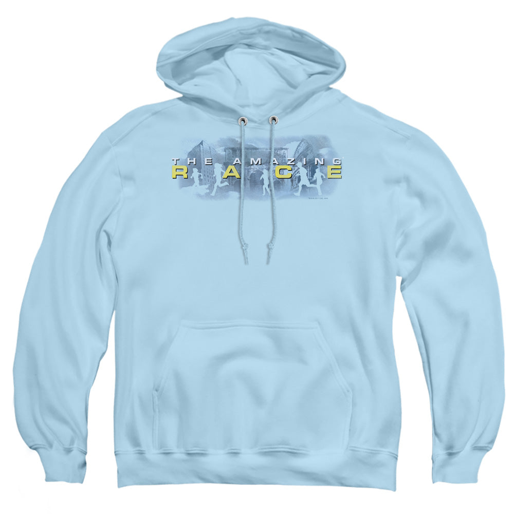 AN OFFCIALLY LICENSED AMAZING RACE IN THE CLOUDS ADULT UNISEX PULLOVER HOODIE LIGHT BLUE