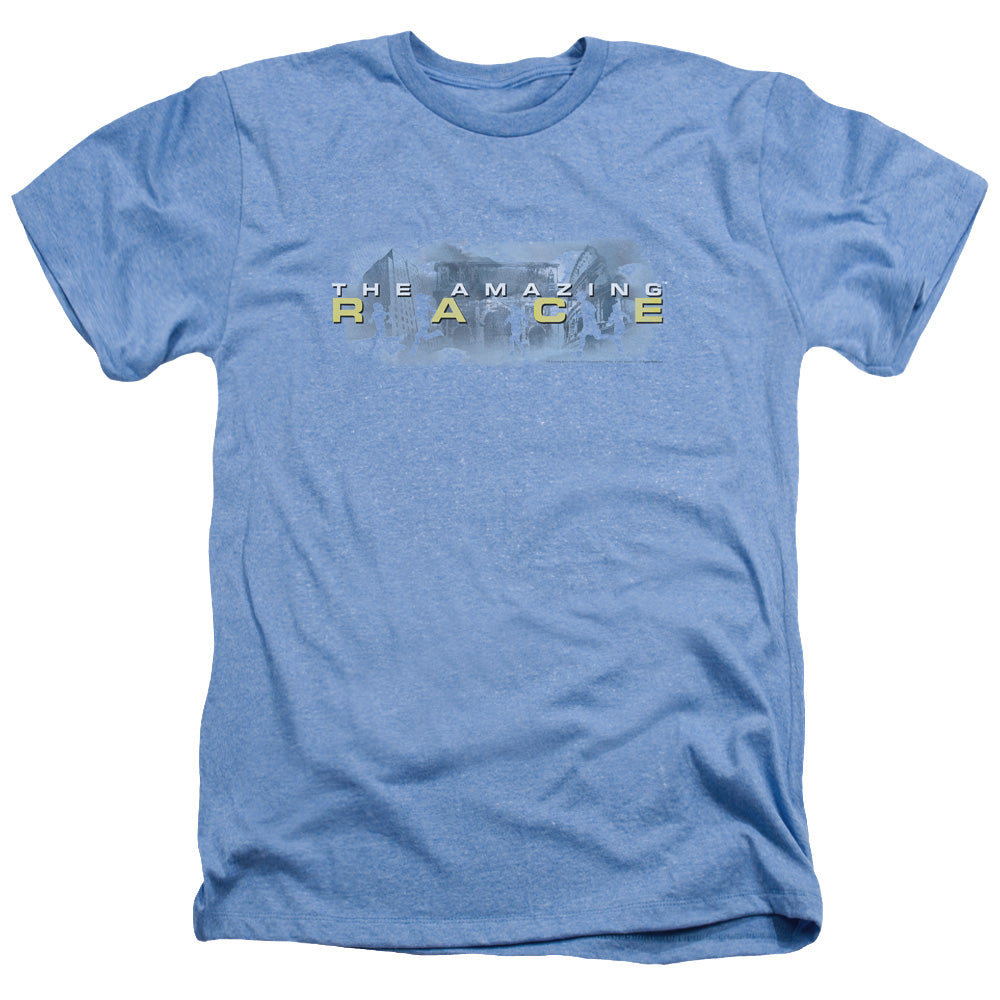 AN OFFCIALLY LICENSED AMAZING RACE IN THE CLOUDS MEN'S HEATHER T-SHIRT LIGHT BLUE