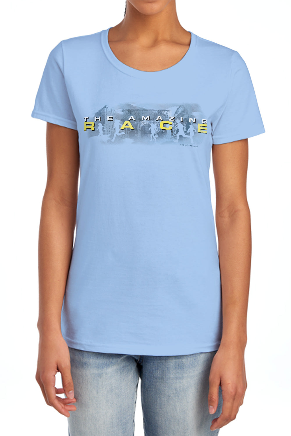 AN OFFCIALLY LICENSED AMAZING RACE IN THE CLOUDS WOMEN'S REGULAR FIT T-SHIRT LIGHT BLUE