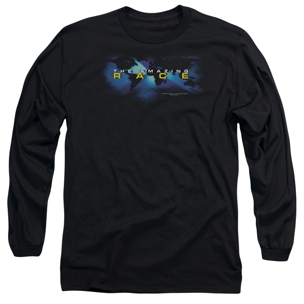 AN OFFCIALLY LICENSED AMAZING RACE FADED GLOBE MEN'S LONG SLEEVE T-SHIRT BLACK