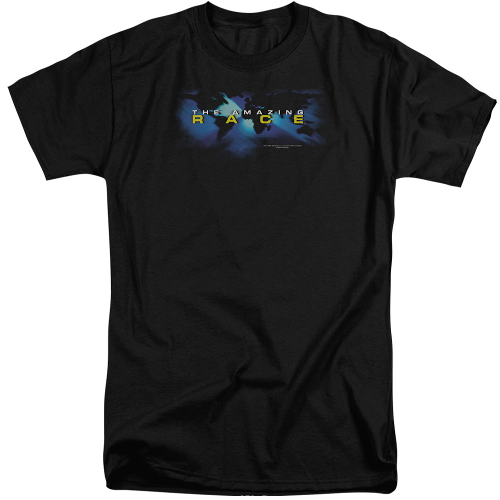 AN OFFCIALLY LICENSED AMAZING RACE FADED GLOBE MEN'S TALL FIT T-SHIRT BLACK